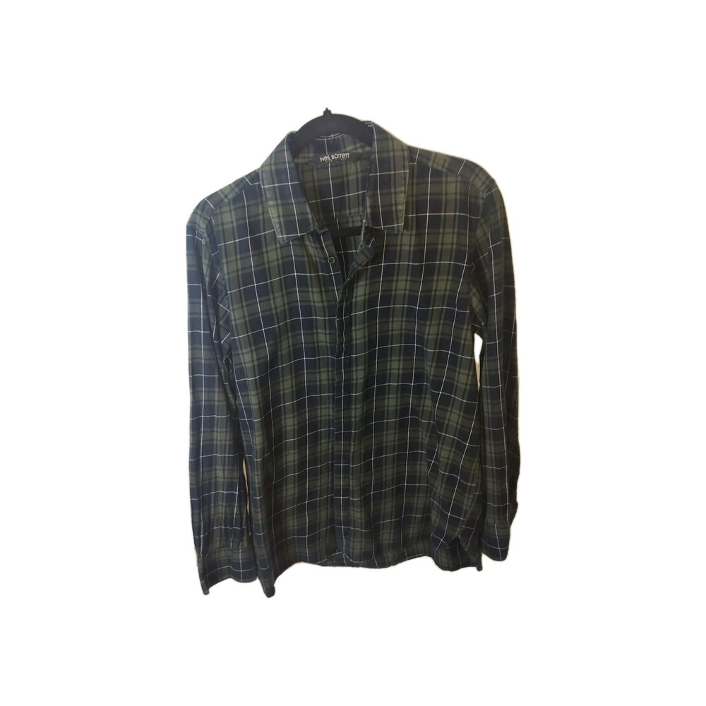 Neil Barrett Mens Plaid Cotton Loose Fit Button-Up Shirt Green Navy‎ Size L